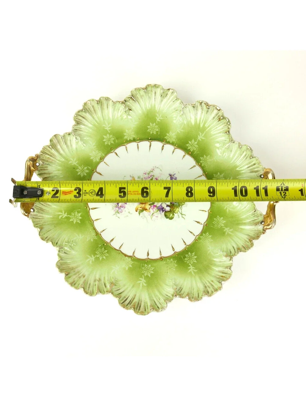 Antique German Porcelain Serving Platter Green Leaf Victorian Flower Gold Handle